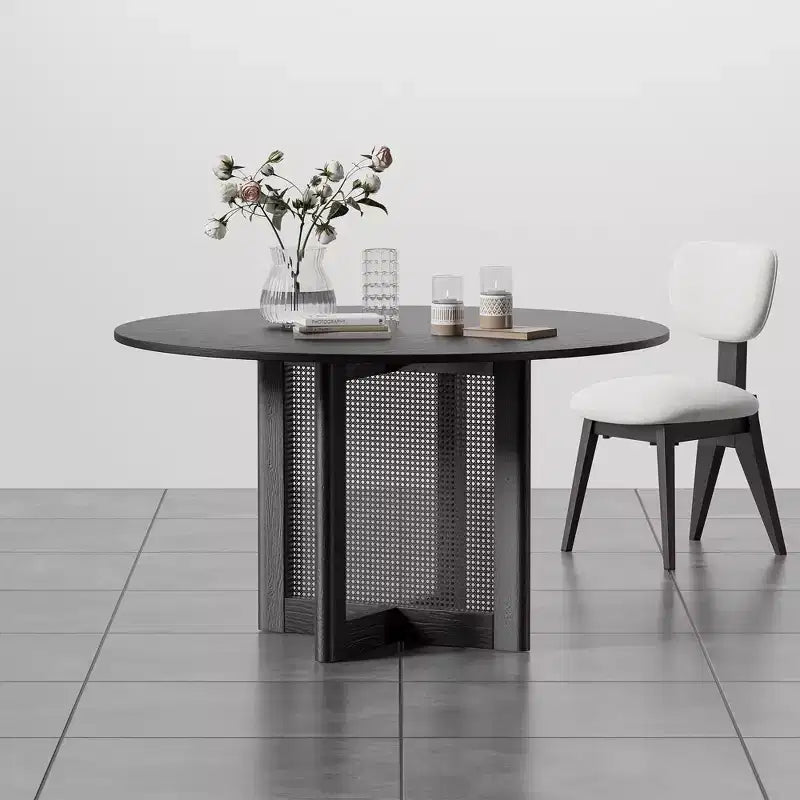 PexFix Table de salle à manger et de cuisine de ferme 132 x 132 cm, table de cuisine ronde noire avec pieds en rotin tressé pour cuisine, bar, salon