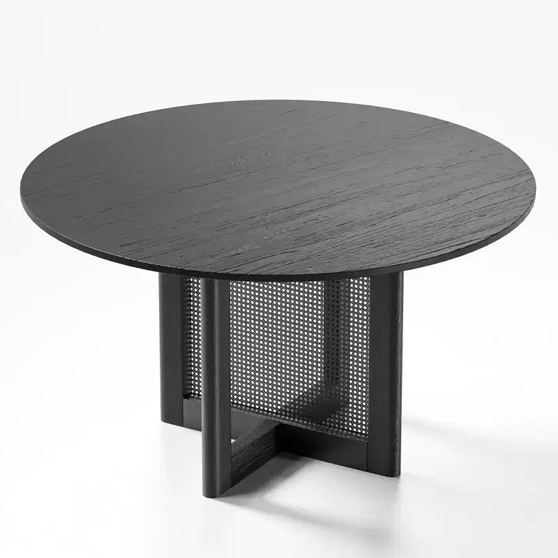 PexFix Table de salle à manger et de cuisine de ferme 132 x 132 cm, table de cuisine ronde noire avec pieds en rotin tressé pour cuisine, bar, salon