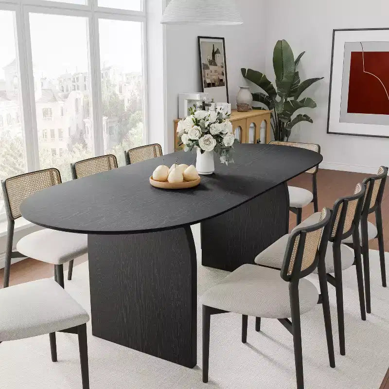 PexFix 79 x 33,5 Table à Manger en Bois Massif Style Ferme avec Pieds Arcés Table de Cuisine Ovale Noire pour Salle à Manger et Cuisine
