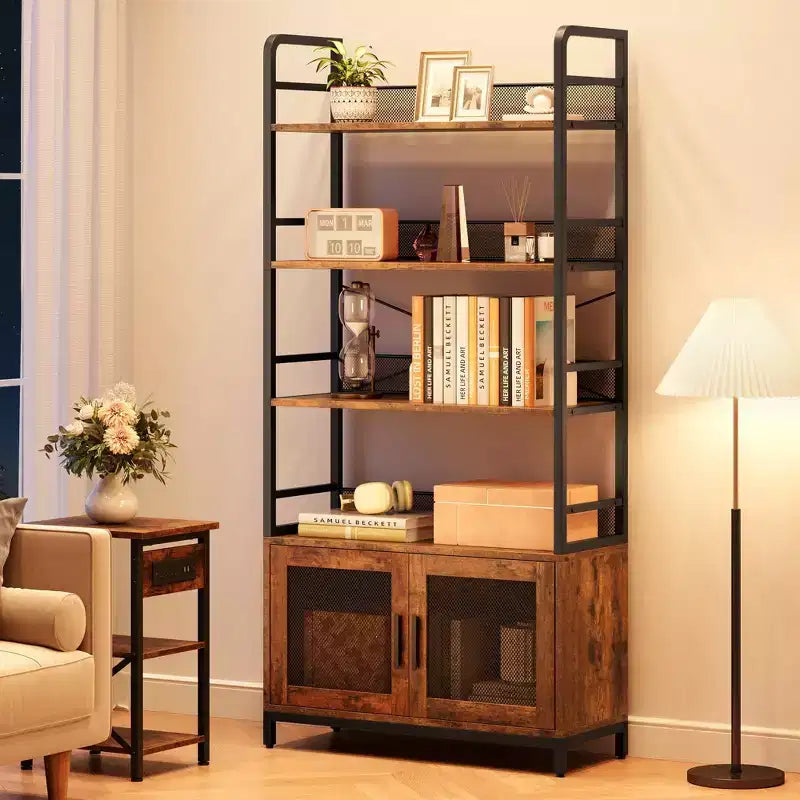 Bibliothque  Trois Couches en Bois de Fer et Grille de Fer avec Porte d'armoire - Bibliothque Industrielle  3 Niveaux - 180 x 80 x 30 cm
