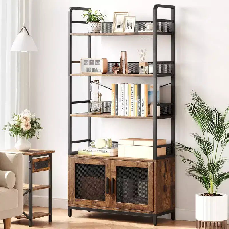 Three-Tier Iron Wood Bookshelf and Iron Grid with Cabinet Door - Industrial 3-Tier Bookshelf - 180 x 80 x 30 cm