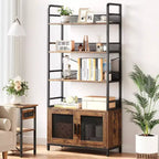 Three-Tier Iron Wood Bookshelf and Iron Grid with Cabinet Door - Industrial 3-Tier Bookshelf - 180 x 80 x 30 cm