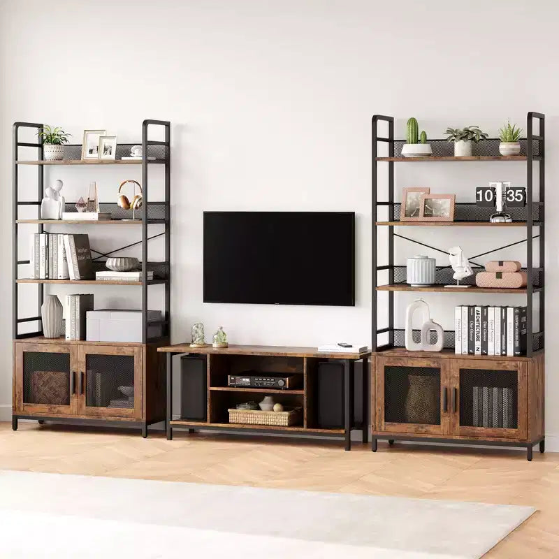 Three-Tier Iron Wood Bookshelf and Iron Grid with Cabinet Door - Industrial 3-Tier Bookshelf - 180 x 80 x 30 cm