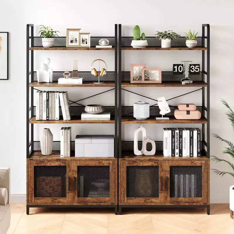 Three-Tier Iron Wood Bookshelf and Iron Grid with Cabinet Door - Industrial 3-Tier Bookshelf - 180 x 80 x 30 cm