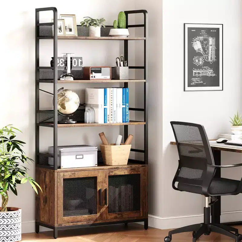 Three-Tier Iron Wood Bookshelf and Iron Grid with Cabinet Door - Industrial 3-Tier Bookshelf - 180 x 80 x 30 cm