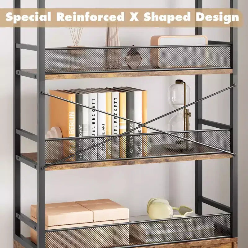 Three-Tier Iron Wood Bookshelf and Iron Grid with Cabinet Door - Industrial 3-Tier Bookshelf - 180 x 80 x 30 cm
