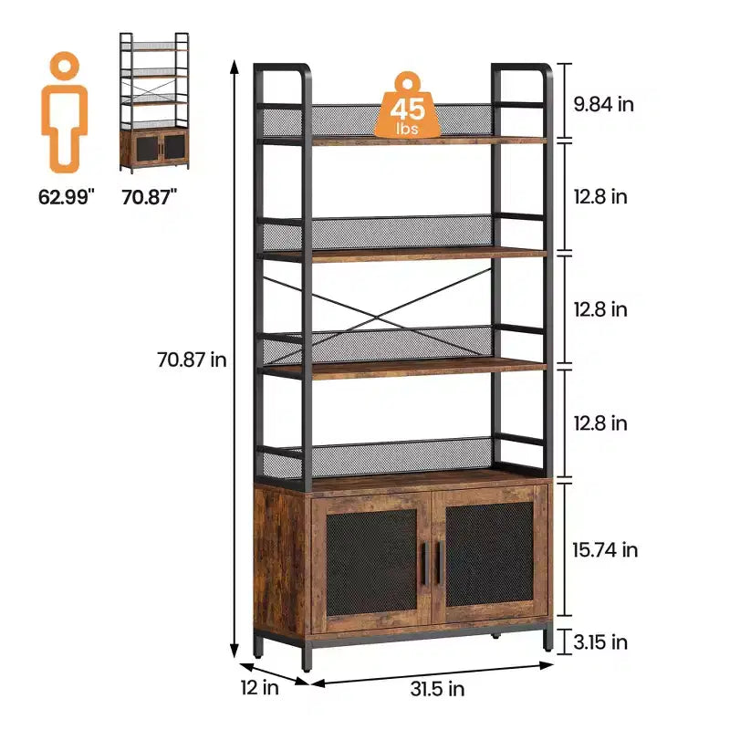 Three-Tier Iron Wood Bookshelf and Iron Grid with Cabinet Door - Industrial 3-Tier Bookshelf - 180 x 80 x 30 cm