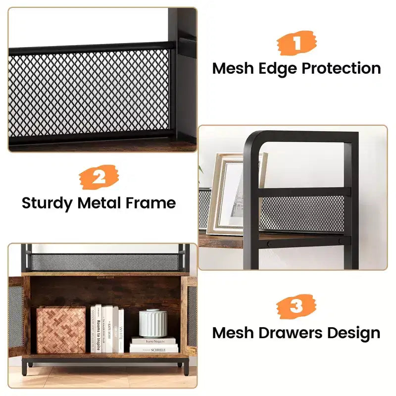 Three-Tier Iron Wood Bookshelf and Iron Grid with Cabinet Door - Industrial 3-Tier Bookshelf - 180 x 80 x 30 cm