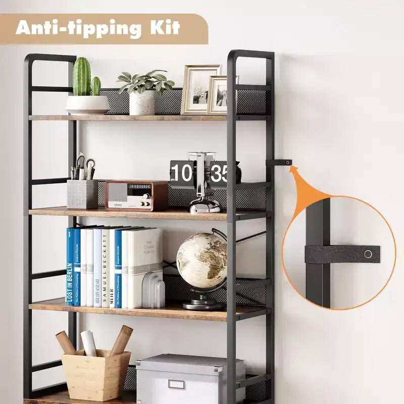 Three-Tier Iron Wood Bookshelf and Iron Grid with Cabinet Door - Industrial 3-Tier Bookshelf - 180 x 80 x 30 cm