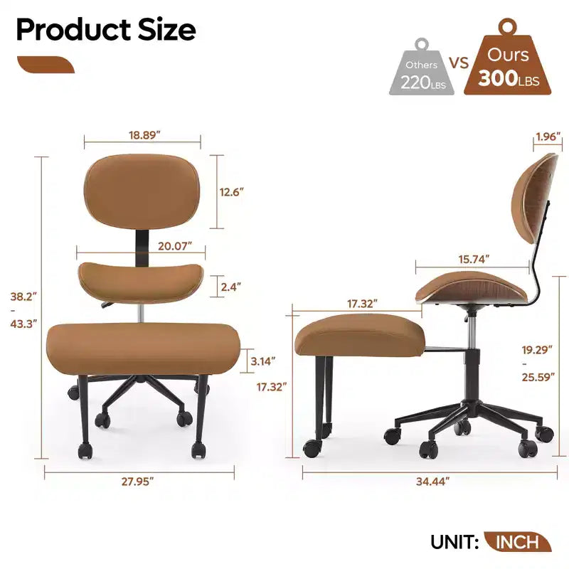 Chaise ergonomique Bestier Criss Cross, Chaise pivotante en cuir PU avec roulettes et bois courbé, Support lombaire pour le yoga et la méditation