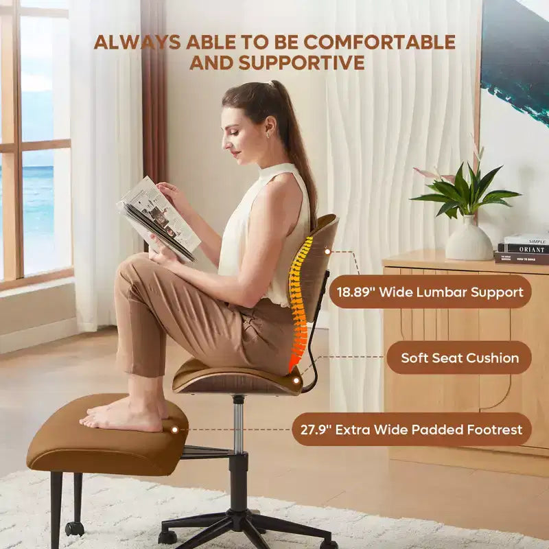 Chaise ergonomique Bestier Criss Cross, Chaise pivotante en cuir PU avec roulettes et bois courbé, Support lombaire pour le yoga et la méditation