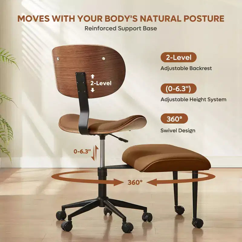 Chaise ergonomique Bestier Criss Cross, Chaise pivotante en cuir PU avec roulettes et bois courbé, Support lombaire pour le yoga et la méditation
