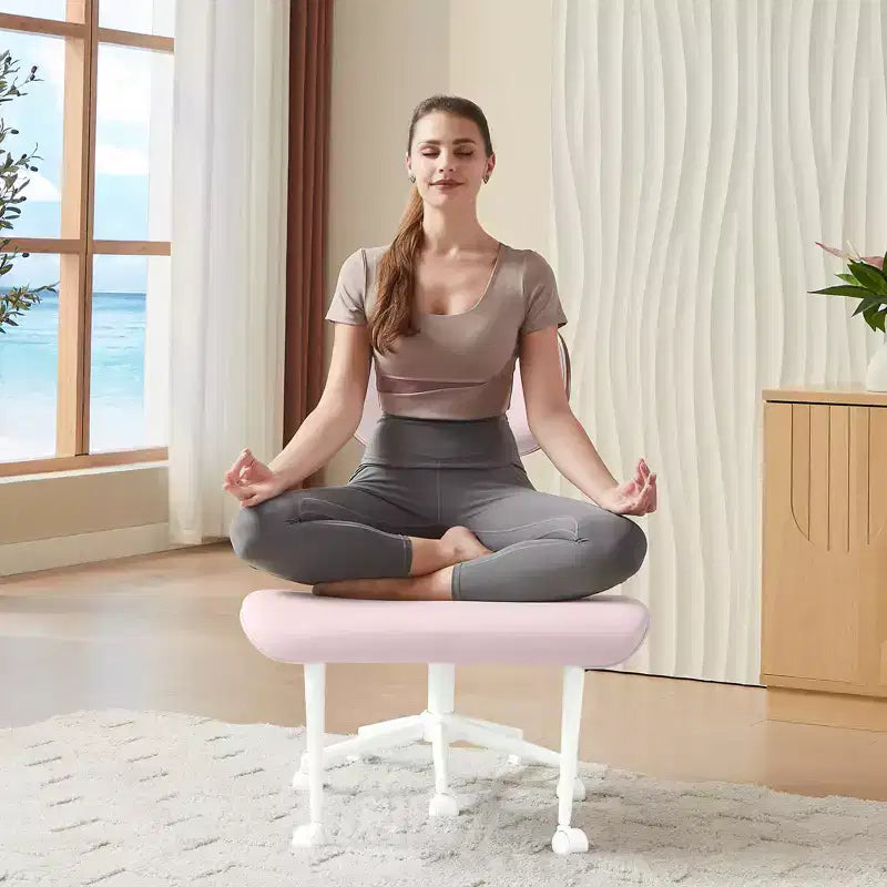 Chaise ergonomique Bestier Criss Cross, Chaise pivotante en cuir PU avec roulettes et bois courbé, Support lombaire pour le yoga et la méditation