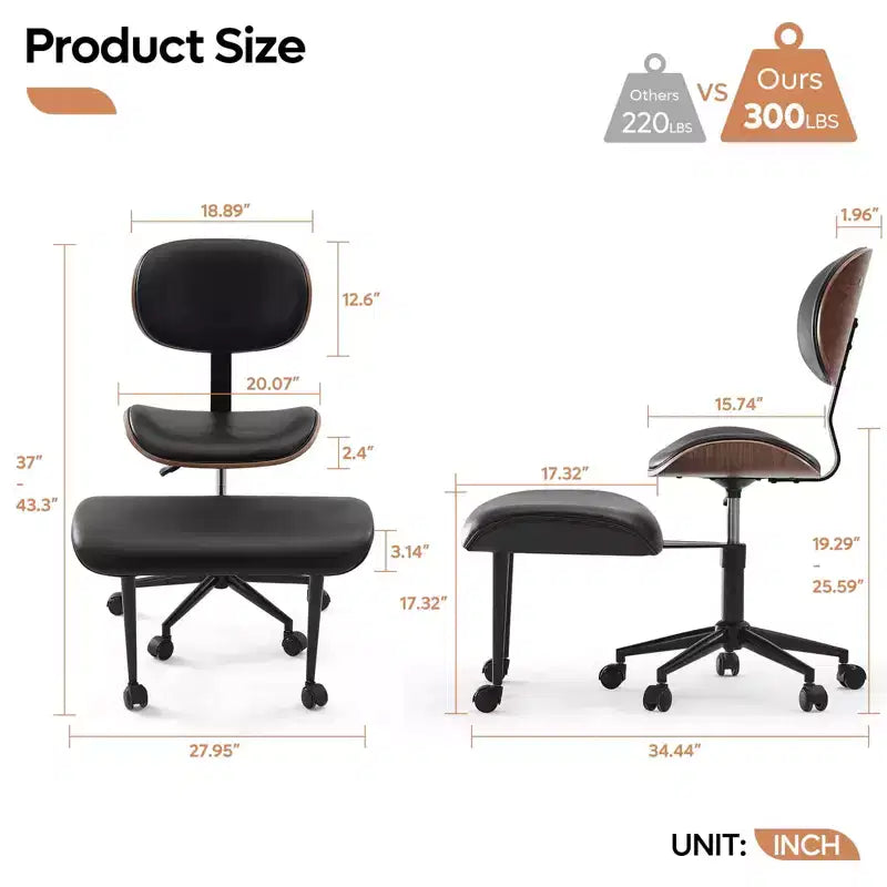 Chaise ergonomique Bestier Criss Cross, Chaise pivotante en cuir PU avec roulettes et bois courbé, Support lombaire pour le yoga et la méditation