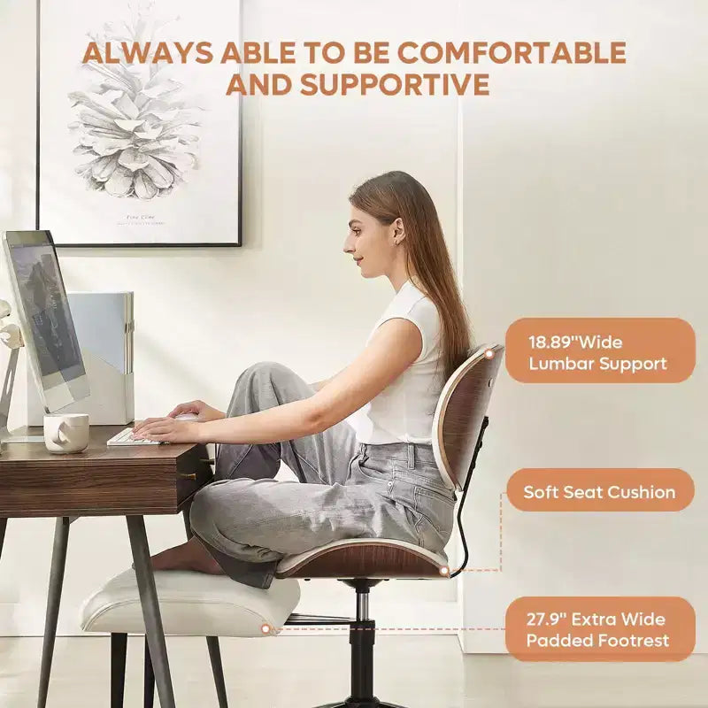 Chaise ergonomique Bestier Criss Cross, Chaise pivotante en cuir PU avec roulettes et bois courbé, Support lombaire pour le yoga et la méditation