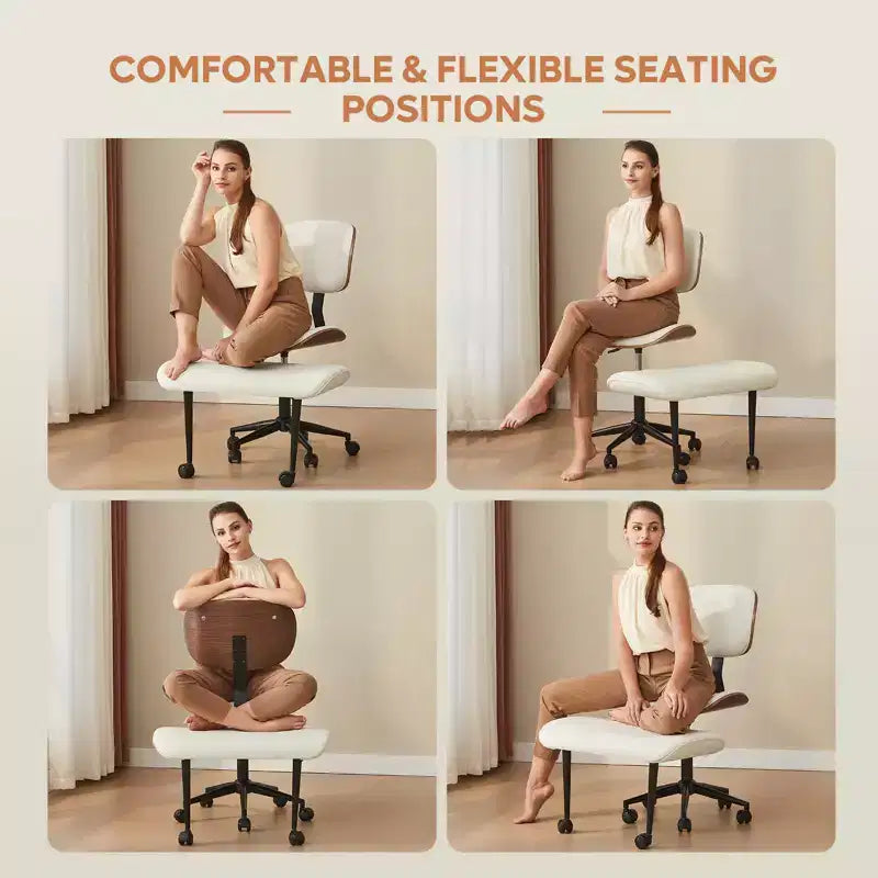 Chaise ergonomique Bestier Criss Cross, Chaise pivotante en cuir PU avec roulettes et bois courbé, Support lombaire pour le yoga et la méditation