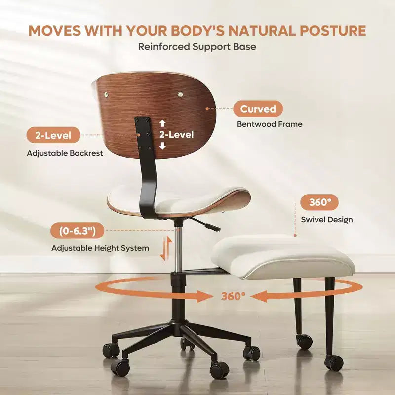 Chaise ergonomique Bestier Criss Cross, Chaise pivotante en cuir PU avec roulettes et bois courbé, Support lombaire pour le yoga et la méditation