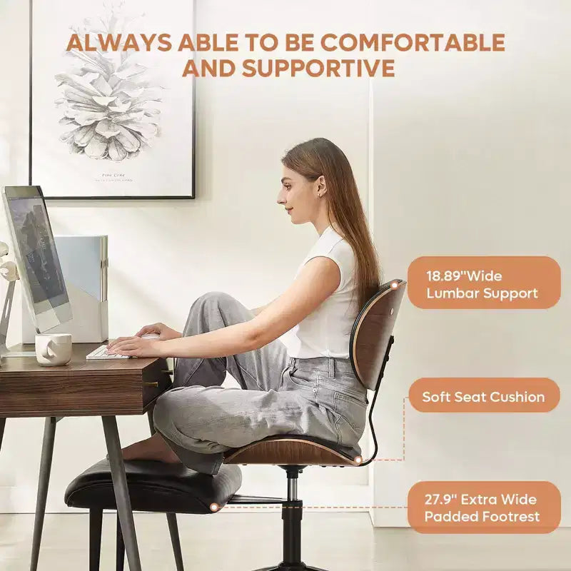 Chaise ergonomique Bestier Criss Cross, Chaise pivotante en cuir PU avec roulettes et bois courbé, Support lombaire pour le yoga et la méditation