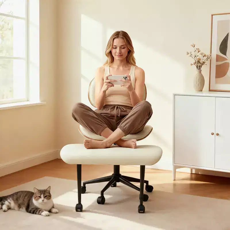 Chaise ergonomique Bestier Criss Cross, Chaise pivotante en cuir PU avec roulettes et bois courbé, Support lombaire pour le yoga et la méditation