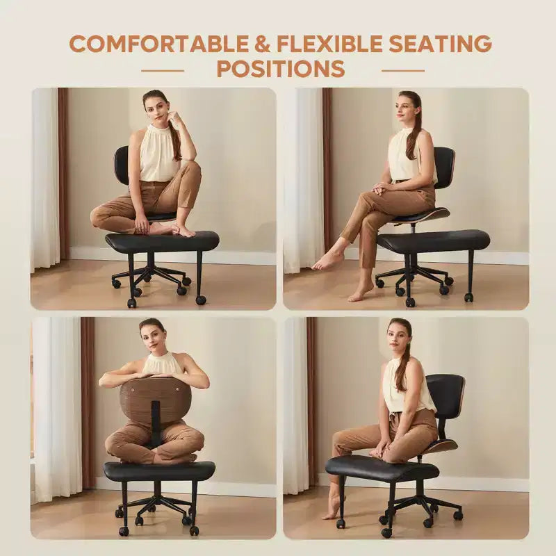 Chaise ergonomique Bestier Criss Cross, Chaise pivotante en cuir PU avec roulettes et bois courbé, Support lombaire pour le yoga et la méditation