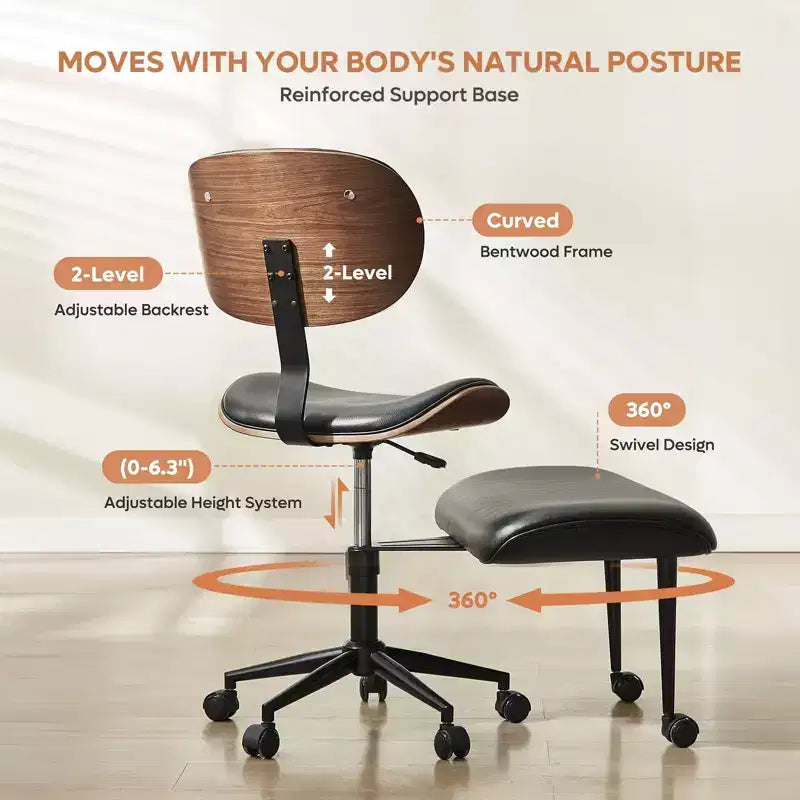 Chaise ergonomique Bestier Criss Cross, Chaise pivotante en cuir PU avec roulettes et bois courbé, Support lombaire pour le yoga et la méditation