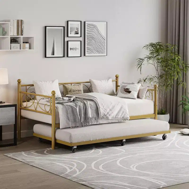 Lit de repos double avec lit gigogne, lit gigogne en métal, cadre de lit de jour, lattes métalliques robustes, pour salon, chambre à coucher, chambre d'amis, gain de place