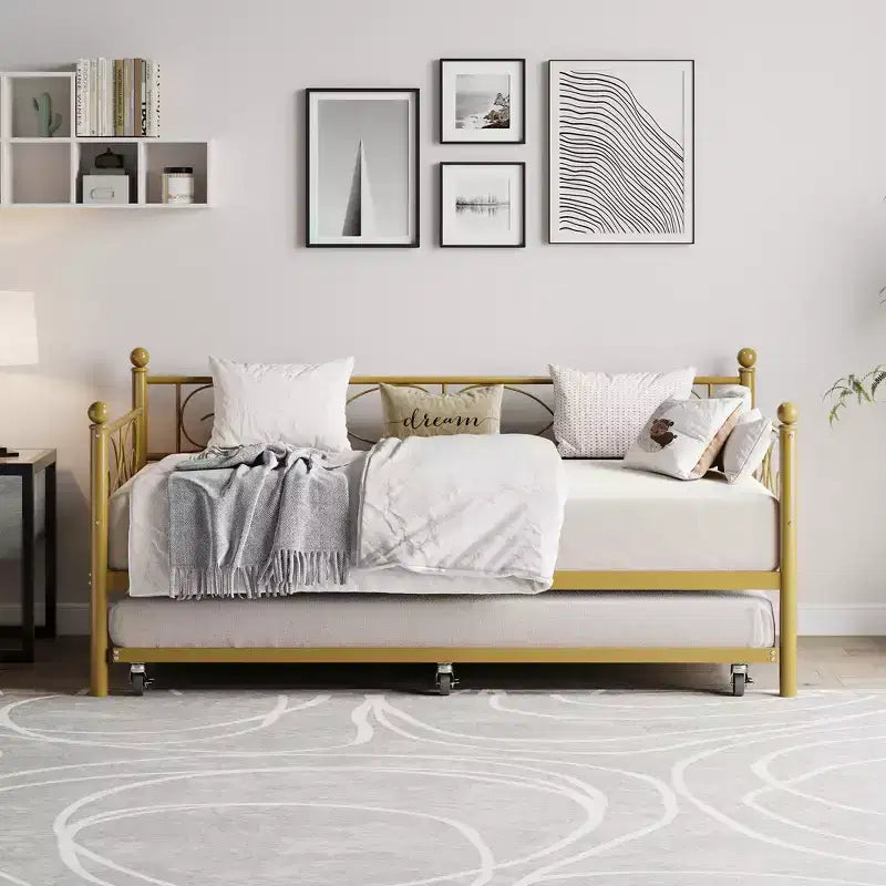 Lit de repos double avec lit gigogne, lit gigogne en métal, cadre de lit de jour, lattes métalliques robustes, pour salon, chambre à coucher, chambre d'amis, gain de place
