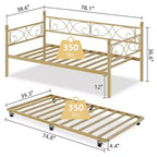 Lit de repos double avec lit gigogne, lit gigogne en métal, cadre de lit de jour, lattes métalliques robustes, pour salon, chambre à coucher, chambre d'amis, gain de place
