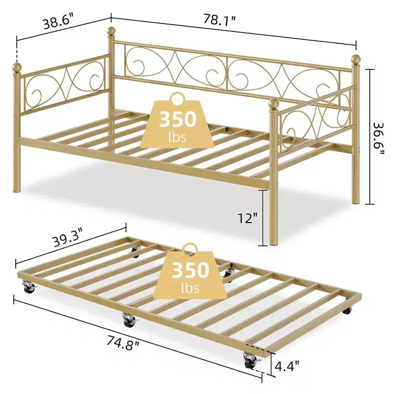 Lit de repos double avec lit gigogne, lit gigogne en métal, cadre de lit de jour, lattes métalliques robustes, pour salon, chambre à coucher, chambre d'amis, gain de place