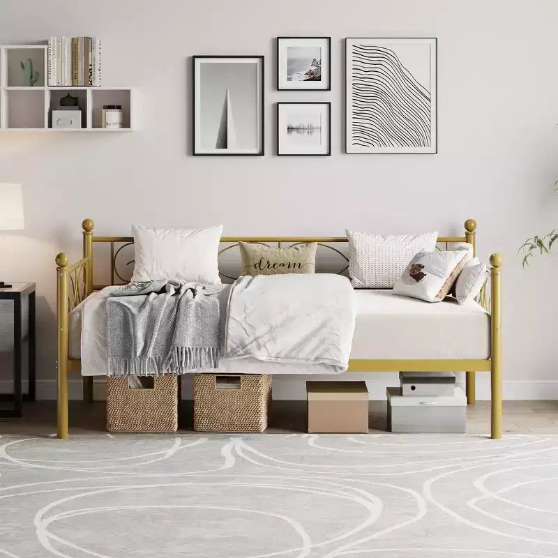 Lit de repos double avec lit gigogne, lit gigogne en métal, cadre de lit de jour, lattes métalliques robustes, pour salon, chambre à coucher, chambre d'amis, gain de place