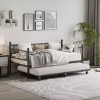 Lit de repos double avec lit gigogne, lit gigogne en métal, cadre de lit de jour, lattes métalliques robustes, pour salon, chambre à coucher, chambre d'amis, gain de place