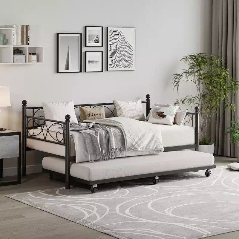 Lit de repos double avec lit gigogne, lit gigogne en métal, cadre de lit de jour, lattes métalliques robustes, pour salon, chambre à coucher, chambre d'amis, gain de place