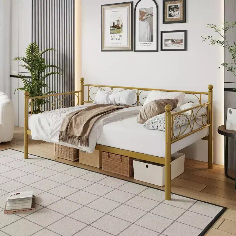 Lit de repos double avec lit gigogne, lit gigogne en métal, cadre de lit de jour, lattes métalliques robustes, pour salon, chambre à coucher, chambre d'amis, gain de place