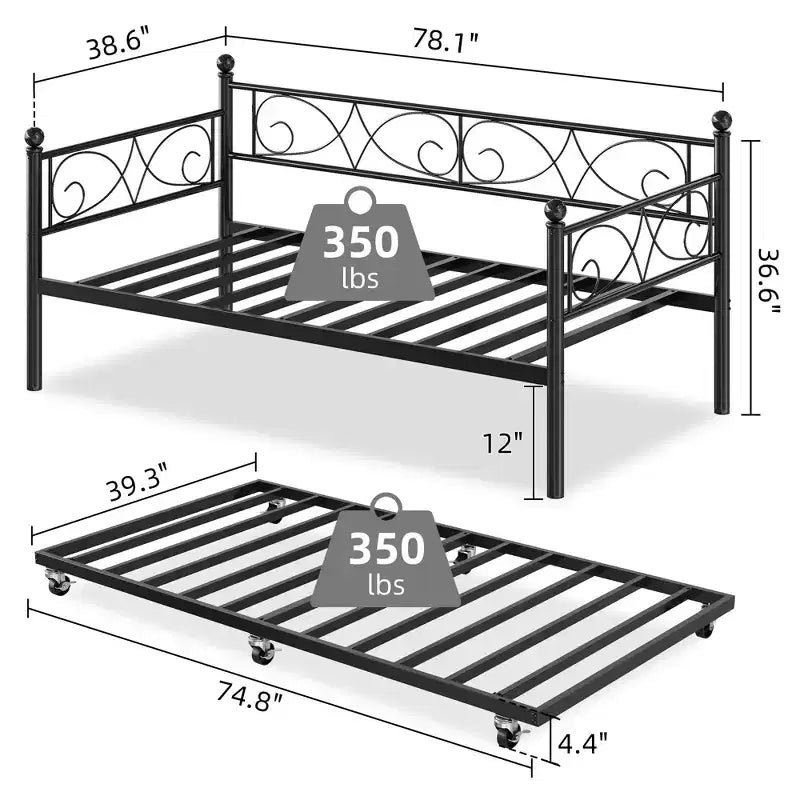 Lit de repos double avec lit gigogne, lit gigogne en métal, cadre de lit de jour, lattes métalliques robustes, pour salon, chambre à coucher, chambre d'amis, gain de place