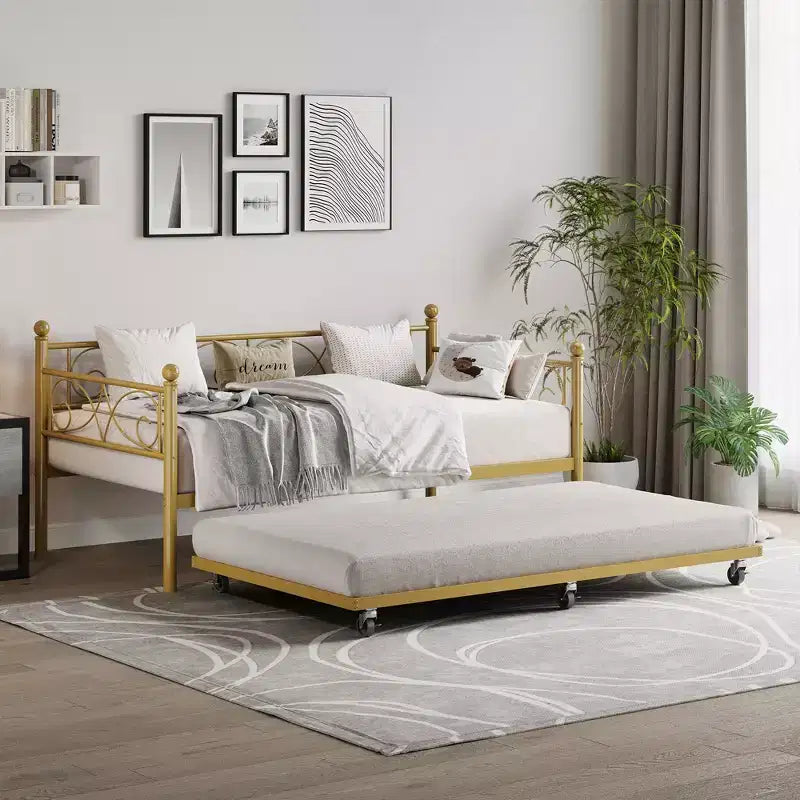 Lit de repos double avec lit gigogne, lit gigogne en métal, cadre de lit de jour, lattes métalliques robustes, pour salon, chambre à coucher, chambre d'amis, gain de place