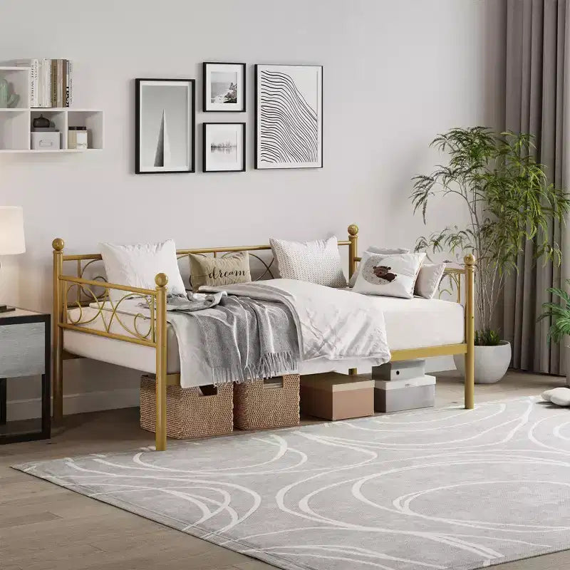 Lit de repos double avec lit gigogne, lit gigogne en métal, cadre de lit de jour, lattes métalliques robustes, pour salon, chambre à coucher, chambre d'amis, gain de place