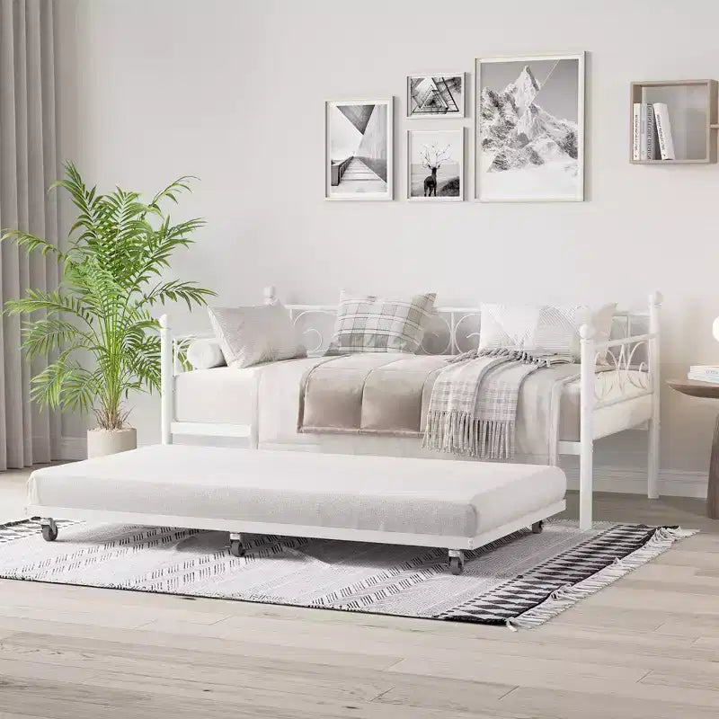 Lit de repos double avec lit gigogne, lit gigogne en métal, cadre de lit de jour, lattes métalliques robustes, pour salon, chambre à coucher, chambre d'amis, gain de place