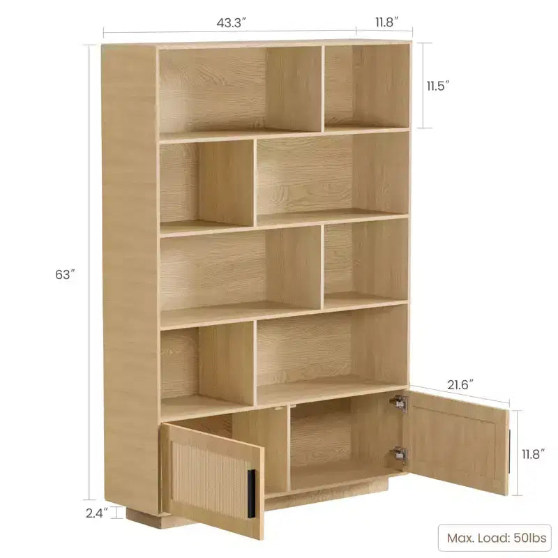 Étagère haute à 5 niveaux avec étagères d'exposition, bibliothèque classique en rotin avec rangement, bibliothèque de rangement à 5 niveaux avec cadre en métal
