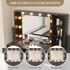 Coiffeuse - avec lumières et tabouret, miroir LED 3 couleurs, station de charge et rangement caché, ensemble de coiffeuse moderne noir
