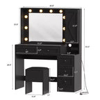 Coiffeuse - avec lumières et tabouret, miroir LED 3 couleurs, station de charge et rangement caché, ensemble de coiffeuse moderne noir