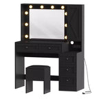 Coiffeuse - avec lumières et tabouret, miroir LED 3 couleurs, station de charge et rangement caché, ensemble de coiffeuse moderne noir
