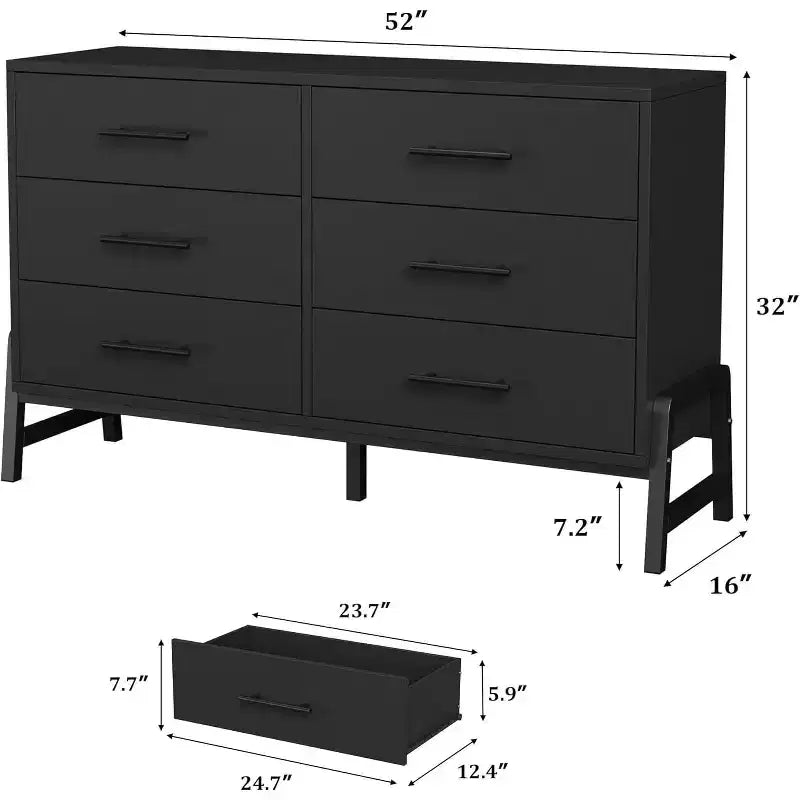 Commode de chambre à 6 tiroirs, 132 cm de large avec grand espace de rangement, commode de rangement autonome en bois pour salon, chambre à coucher