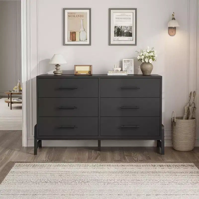 Commode de chambre à 6 tiroirs, 132 cm de large avec grand espace de rangement, commode de rangement autonome en bois pour salon, chambre à coucher