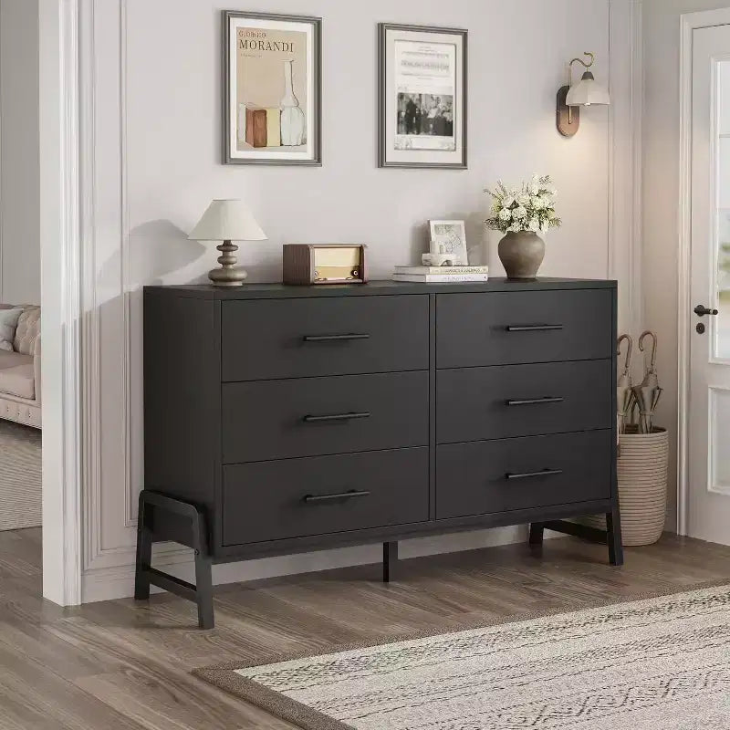 Commode de chambre à 6 tiroirs, 132 cm de large avec grand espace de rangement, commode de rangement autonome en bois pour salon, chambre à coucher