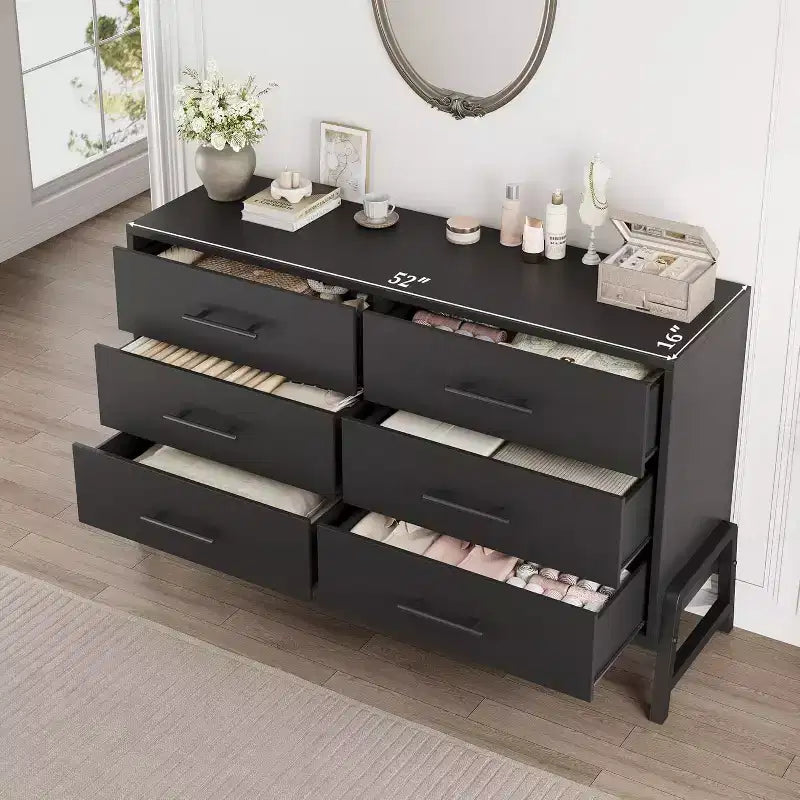Commode de chambre à 6 tiroirs, 132 cm de large avec grand espace de rangement, commode de rangement autonome en bois pour salon, chambre à coucher