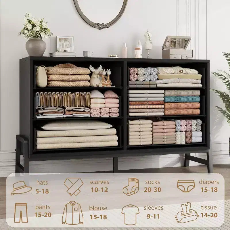 Commode de chambre à 6 tiroirs, 132 cm de large avec grand espace de rangement, commode de rangement autonome en bois pour salon, chambre à coucher