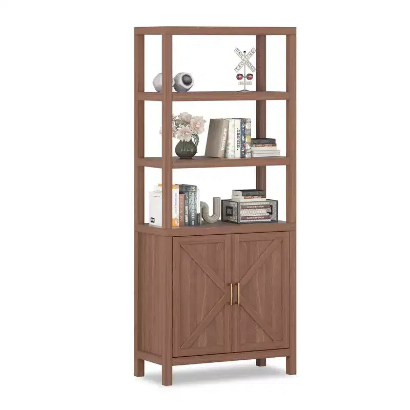 TROPOW Bibliothèque avec Portes, Étagère de Rangement en Bois à 5 Niveaux, 180 cm de Haut avec Étagères Réglables, pour Livres et Objets
