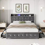 Queen Size Bed Frame with Storage - Upholstered Platform Bed with Charging Station, Trundle & 4 Drawers, Grey
