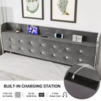 Cadre de lit Queen Size avec rangement - Lit plateforme rembourré avec station de recharge, lit gigogne et 4 tiroirs, Gris