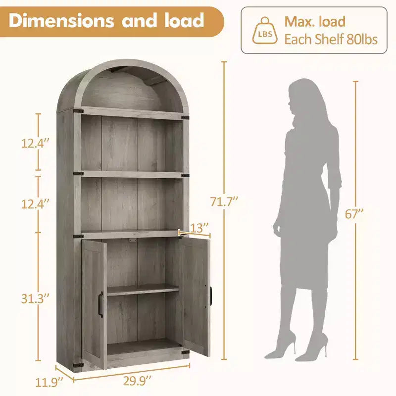71.65 Bibliothèque avec portes Bibliothèque cintrée Bibliothèque haute Meuble de style rustique avec étagères Bibliothèques en bois pour bureau à domicile, salon